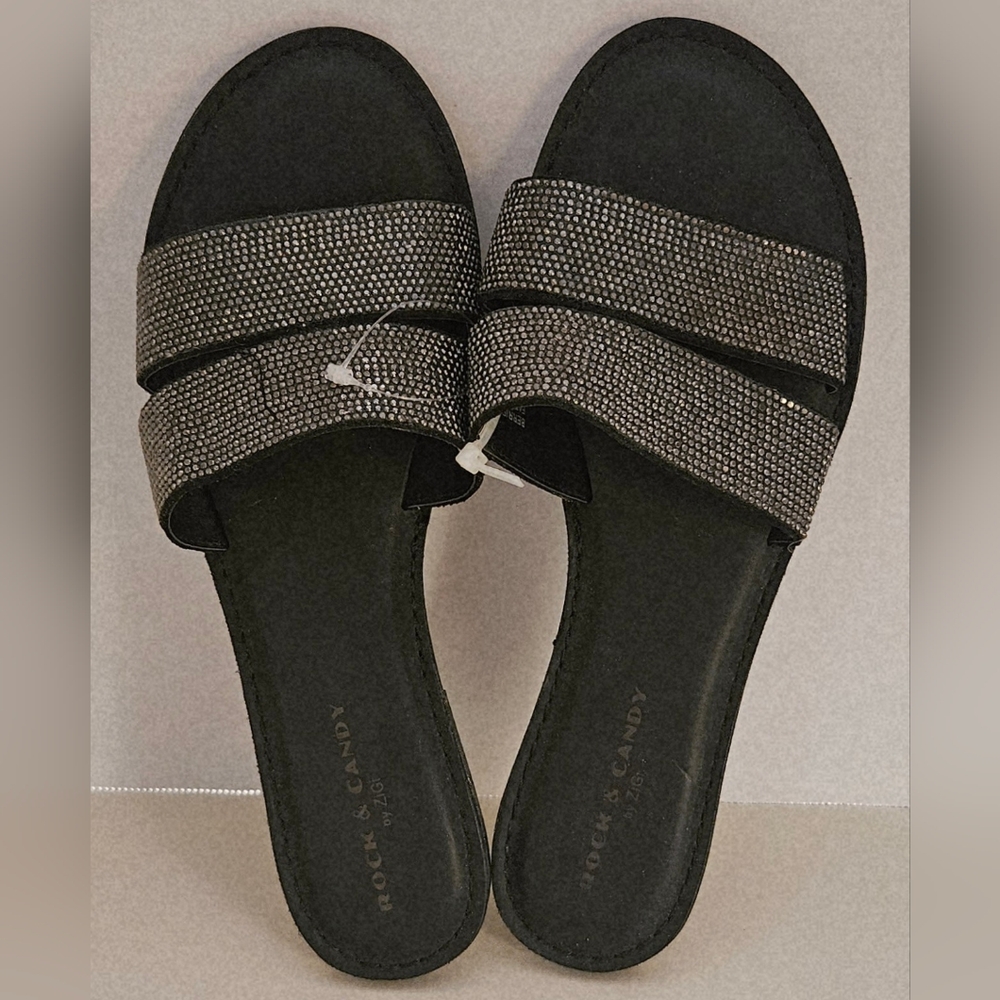 Rock & Candy Women's Glittering Black Slide Sandals NWOT